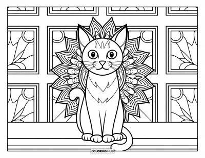 Coloriage de mandala de chat pour enfants : Chat sur un rebord de fenêtre encadré par des mandalas rayonnants à motifs