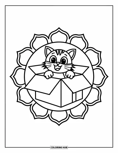 Coloriage de mandala de chat pour enfants : Chat qui pointe le museau hors d'une boîte dans un cadre mandala solaire aux lignes marquées