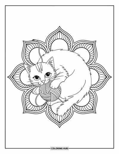 Coloriage de mandala de chat pour enfants : Chat jouant avec une pelote de laine à l'intérieur d'un mandala floral