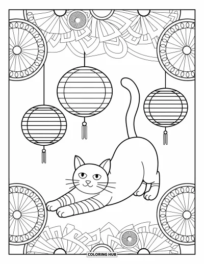 Coloriage de mandala de chat pour enfants : Chat qui s'étire sous des lanternes dans un décor de mandala