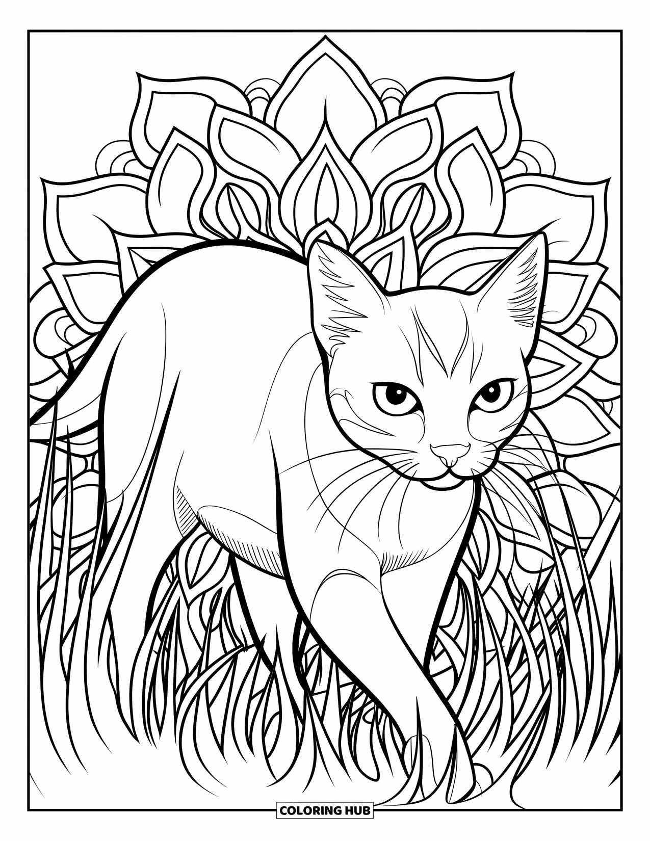 Cat Mandala Coloring Page for Kids: Cat walking in tall grass with floral mandalas