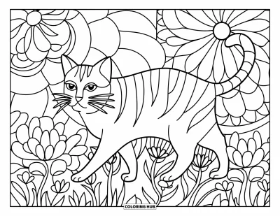 Coloriage de mandala de chat pour enfants : Chat se promenant dans des parterres de fleurs avec des motifs de mandala