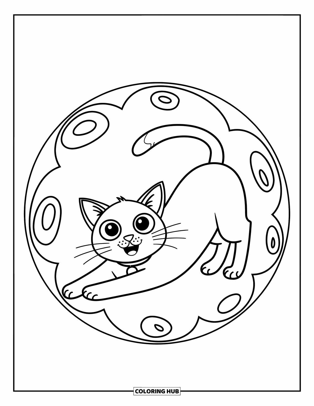 Cat Mandala Coloring Page for Kids: Cat with big eyes stretching inside a swirl mandala