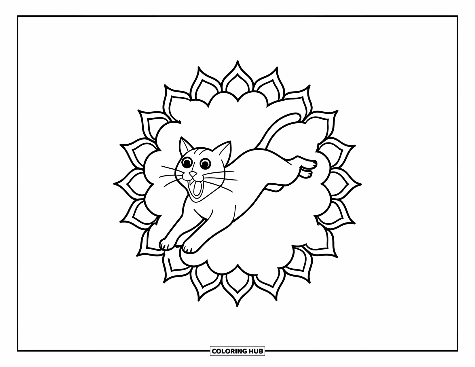 Cat Mandala Coloring Page for Kids: Cat yawning mid-leap framed by floral mandala petals