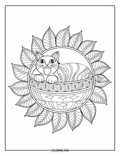 Coloriage de mandala de chat pour enfants : Chat douillet dans un panier entouré de feuilles de mandala détaillées