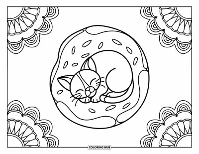 Coloriage de mandala de chat pour enfants : Chaton câlin en boule de beignet à l'intérieur de contours de mandala simples
