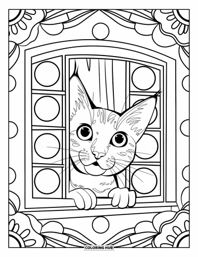 Coloriage de mandala de chat pour enfants : Chat curieux regardant par une fenêtre à motifs avec un cadre mandala floral