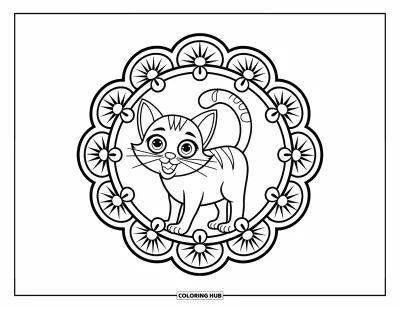 Coloriage de mandala de chat pour enfants : Chat expressif au cœur d'un mandala floral aux motifs prononcés