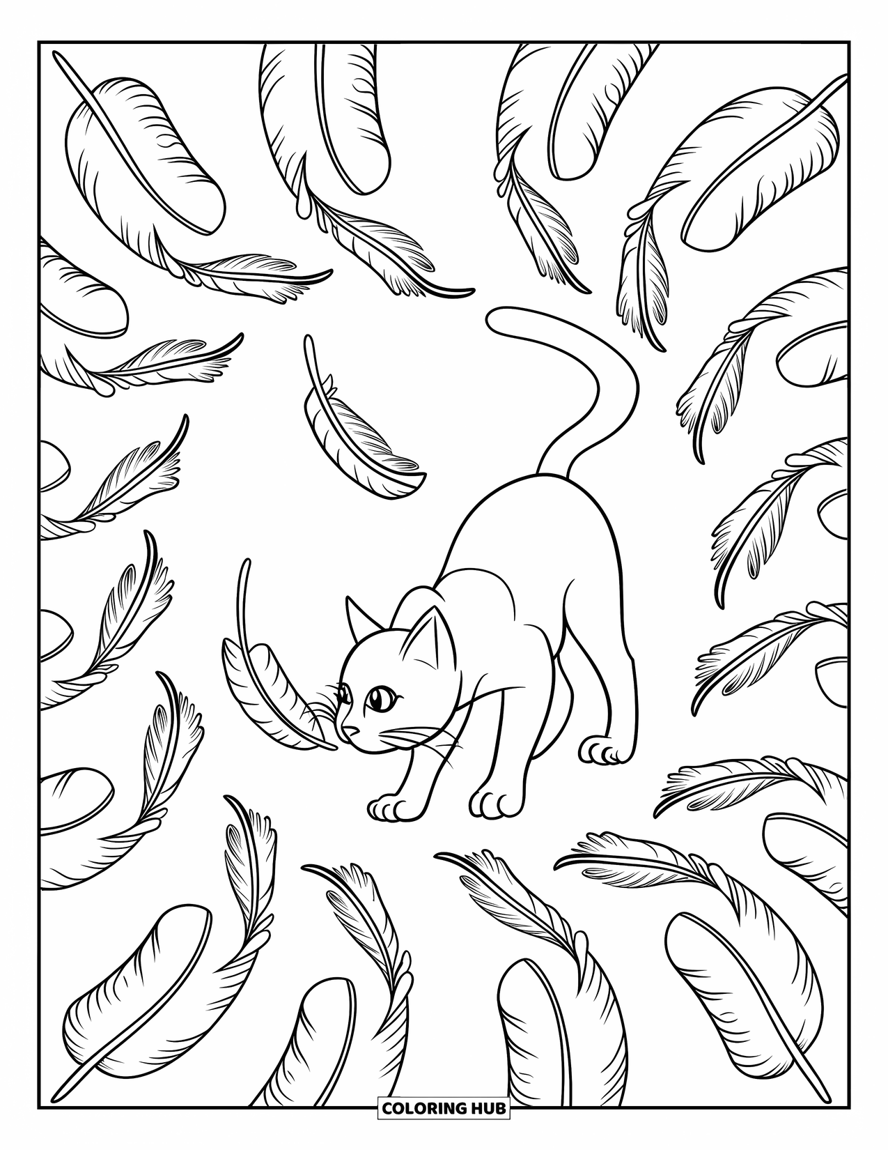 Cat Mandala Coloring Page for Kids: Floating feathers and playful cat in a mandala frame