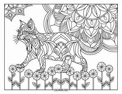 Coloriage de mandala de chat pour enfants : Scène de mandala floral avec un chat en train de marcher