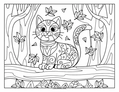 Coloriage de mandala de chat pour enfants : Chat dans la forêt sur une bûche entouré de feuilles tourbillonnantes