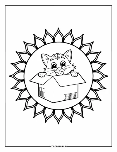 Coloriage de mandala de chat pour enfants : Chat joyeux dans une boîte avec un mandala rayonnant