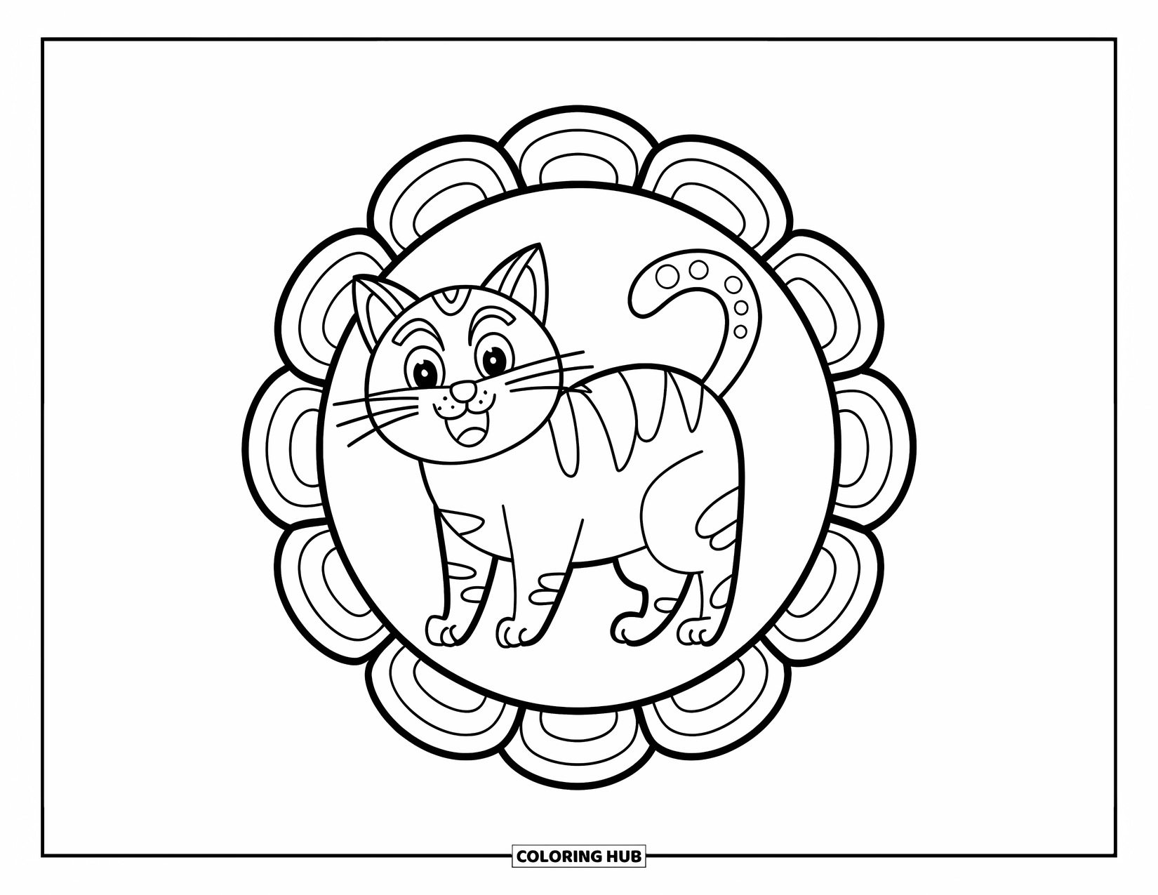 Cat Mandala Coloring Page for Kids: Happy cat wagging its tail inside a flower-circle mandala