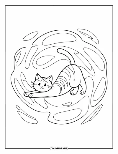 Coloriage de mandala de chat pour enfants : Chat heureux qui s'étire dans des tourbillons et des cercles arrondis