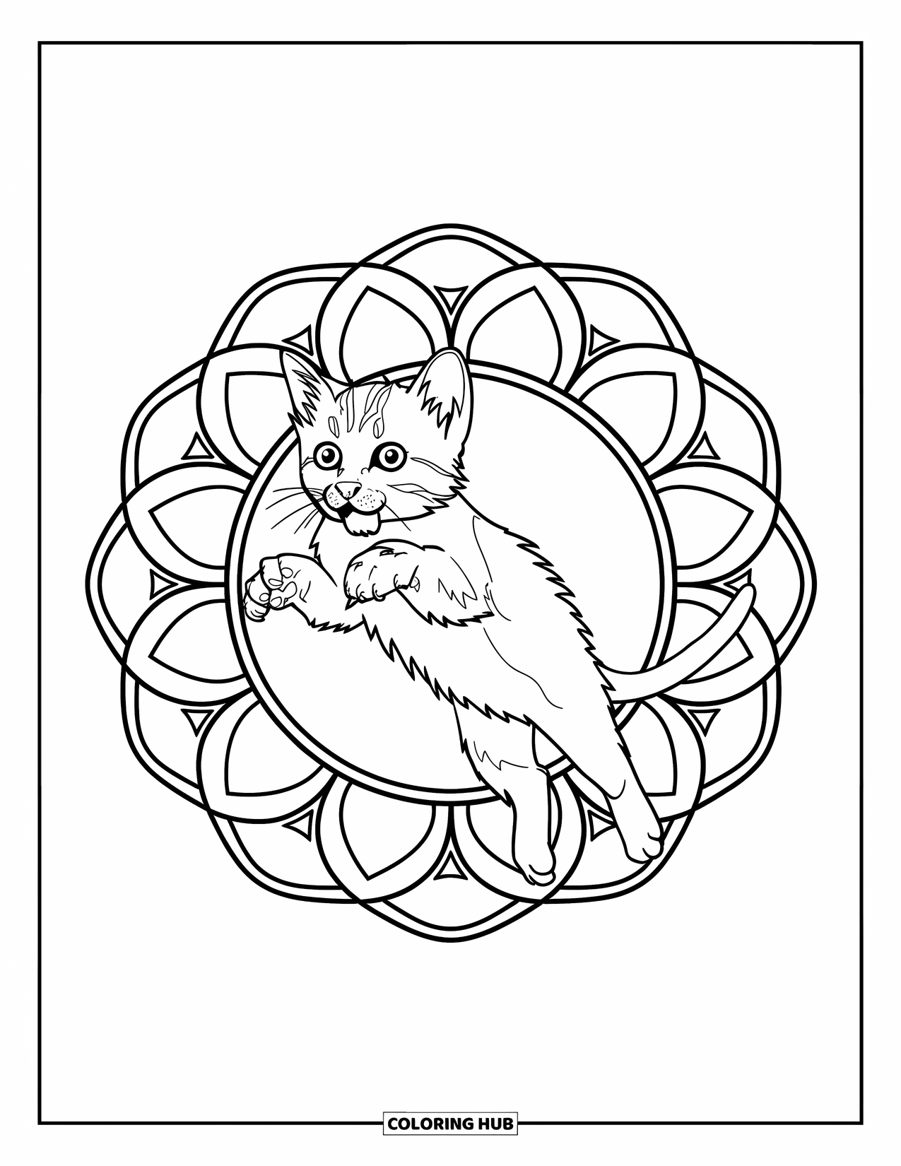 Cat Mandala Coloring Page for Kids: Kitten in flight framed by geometric floral mandala