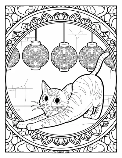Coloriage de mandala de chat pour enfants : Chat qui s'étire avec vivacité dans un mandala de lanternes à motifs