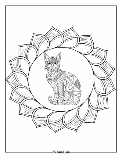 Coloriage de mandala de chat pour enfants : Spirale de mandala entourant un chat tranquille et duveteux