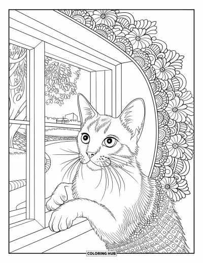 Coloriage de mandala de chat pour enfants : Chat perché à une fenêtre entouré de mandalas floraux