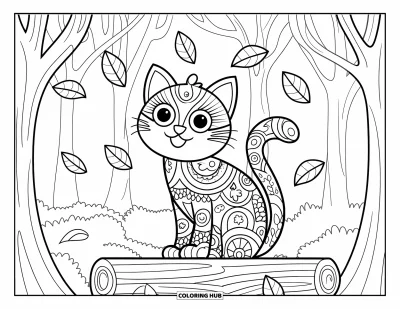 Coloriage de mandala de chat pour enfants : Chat serein parmi les feuilles et les arbres de la forêt