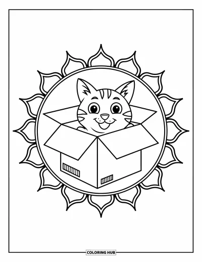 Coloriage de mandala de chat pour enfants : Chat espiègle dans une boîte avec un cadre mandala solaire aux lignes marquées