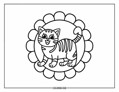 Coloriage de mandala de chat pour enfants : Chat joueur remuant la queue dans un gai mandala floral