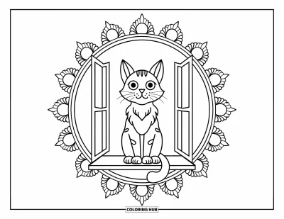 Coloriage de mandala de chat pour enfants : Chat fier avec une vue sur une fenêtre en mandala rayonnant