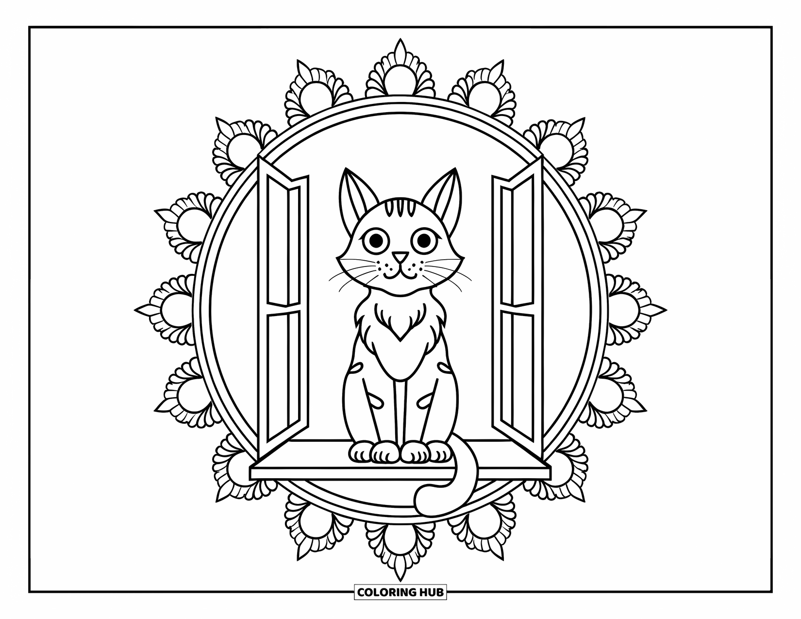 Cat Mandala Coloring Page for Kids: Proud cat with sunburst mandala window view
