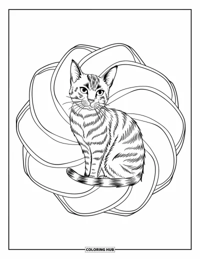 Coloriage de mandala de chat pour enfants : Chat assis avec un mandala en spirale de pétales derrière lui