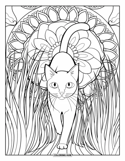 Coloriage de mandala de chat pour enfants : Chat élancé parmi l'herbe et des mandalas floraux superposés