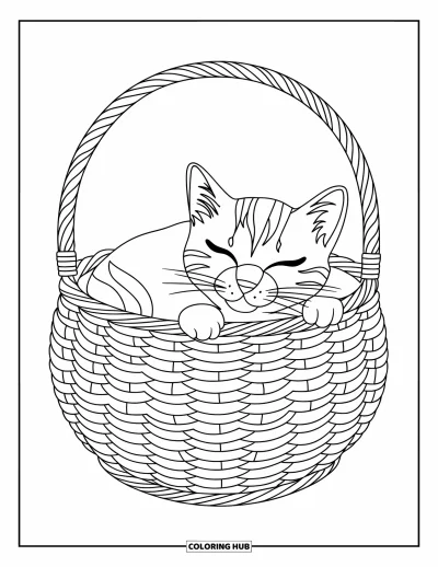 Coloriage de mandala de chat pour enfants : Chat endormi lové dans un panier tressé