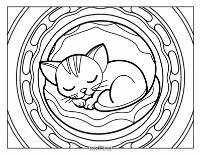 Coloriage de mandala de chat pour enfants : Petit chaton lové en boule de beignet avec des bordures de mandala