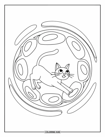 Coloriage de mandala de chat pour enfants : Chat qui s'étire à l'intérieur d'un mandala en bulles tourbillonnantes