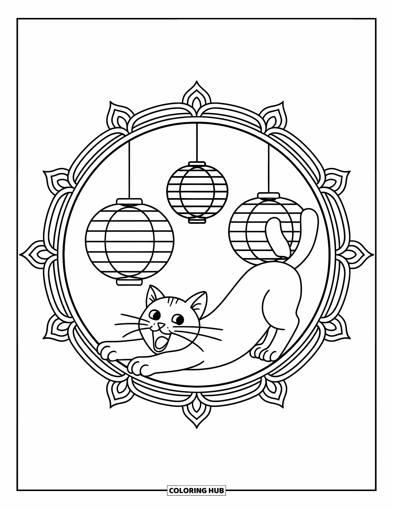 Cat Mandala Coloring Page for Kids: Stretching cat under a row of lanterns and mandalas