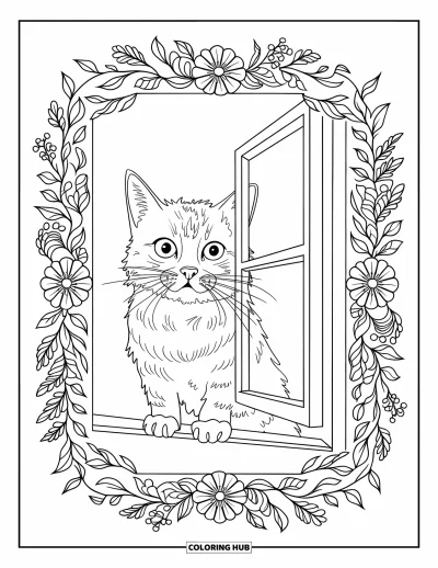Coloriage de mandala de chat pour enfants : Chat aux grands yeux sur un rebord de fenêtre encadré de fleurs et de lianes