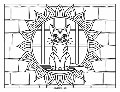 Coloriage de mandala de chat pour enfants : Chat sur un rebord de fenêtre avec des motifs de mandala solaire superposés
