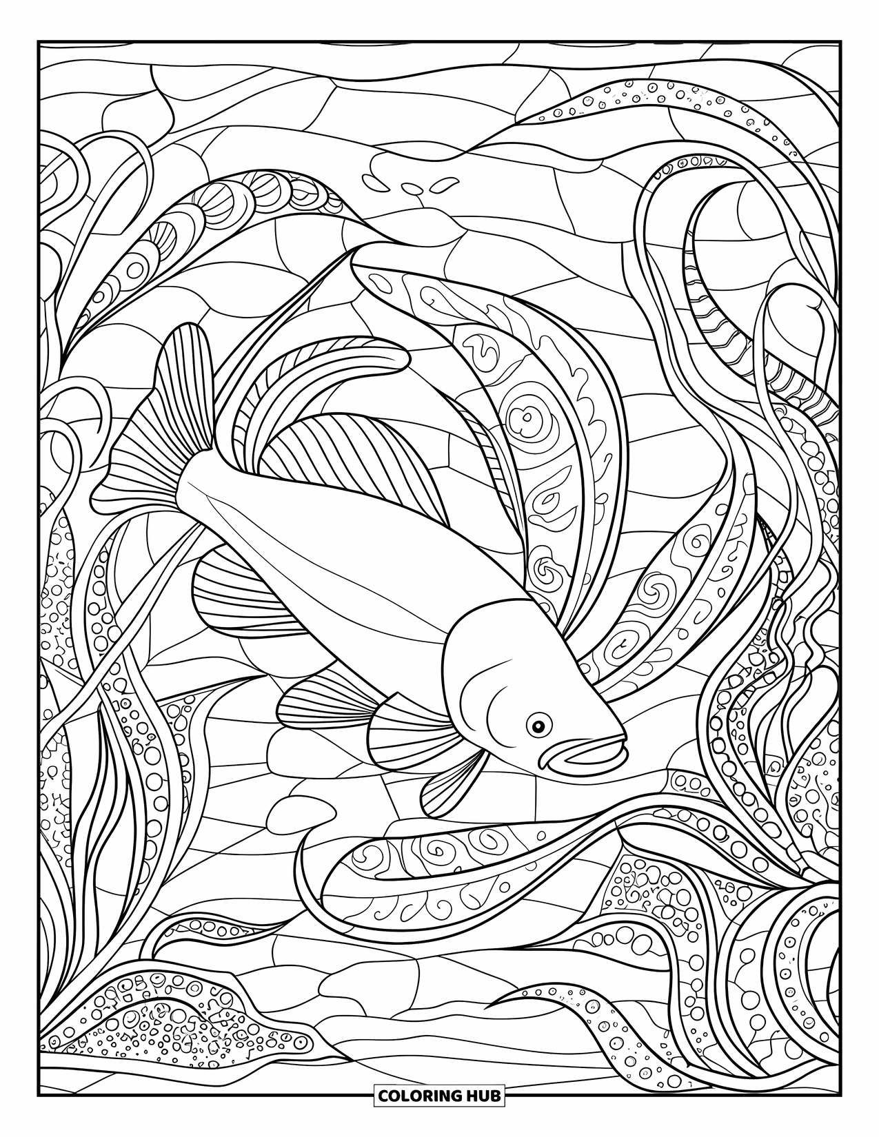 Catfish Coloring Page for Adults: A catfish rests in the center of swirling, intricate plants in stained glass style