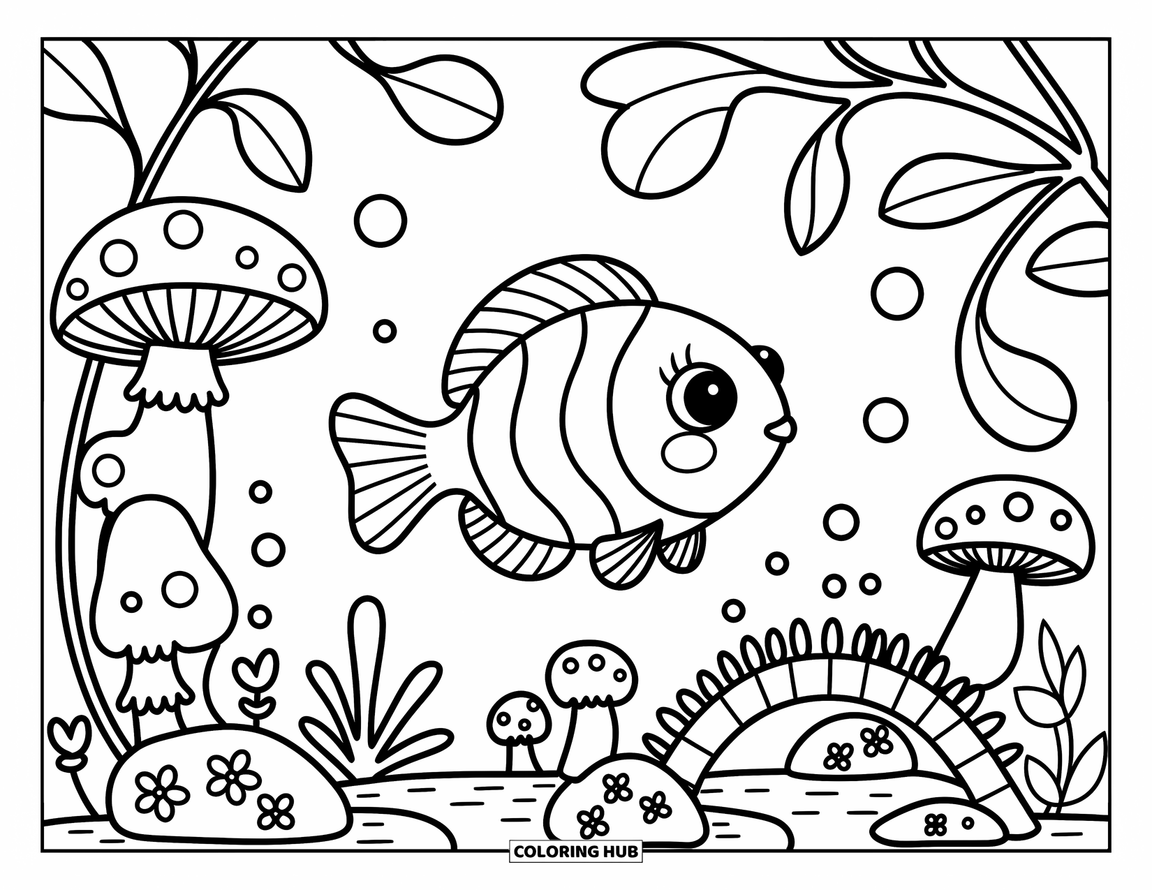 Catfish Coloring Page for Adults: A curious catfish swims through coral, bridges, and flower-carved stones