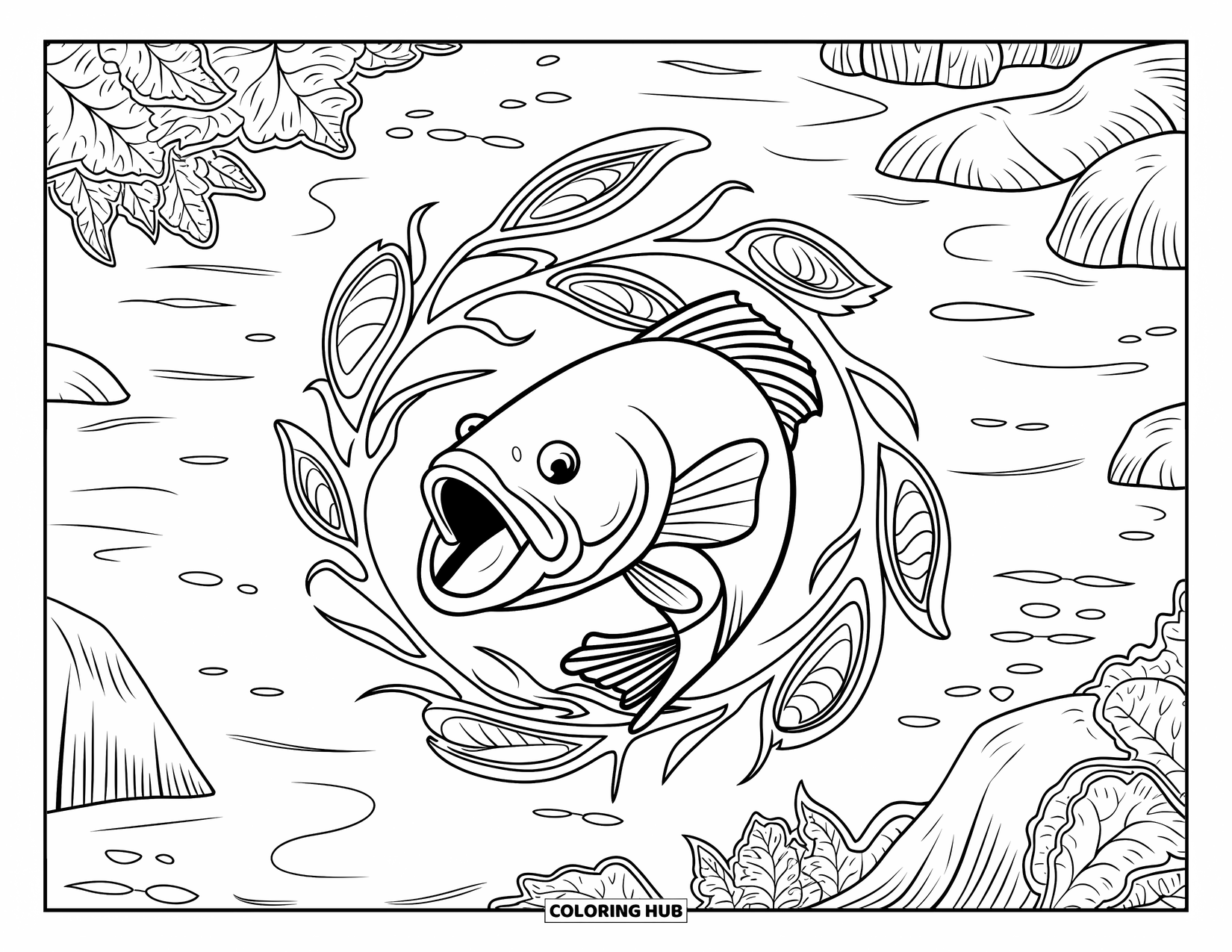 Catfish Coloring Page for Adults: A sharp-toothed catfish floats among swirling river plants and stones