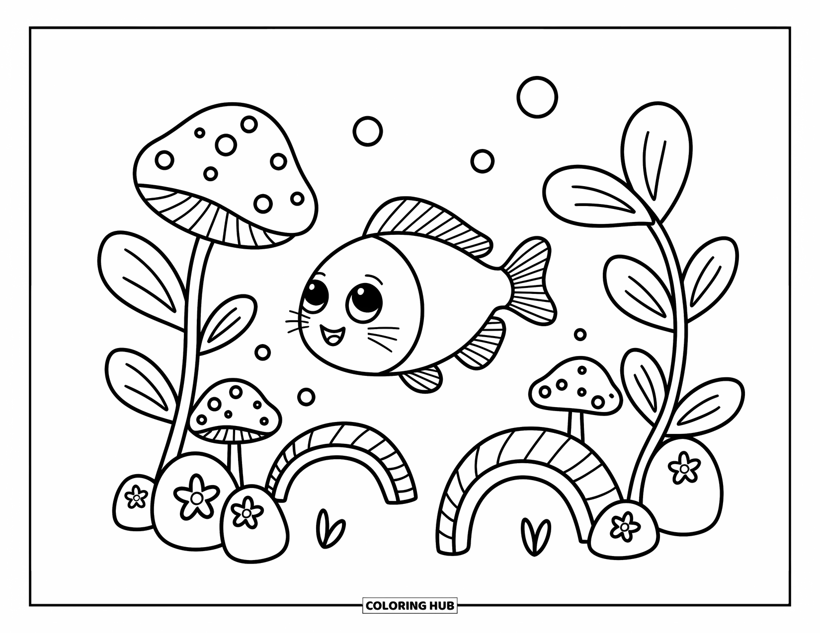 Catfish Coloring Page for Adults: A wide-eyed catfish explores a magical garden of coral and carved stones