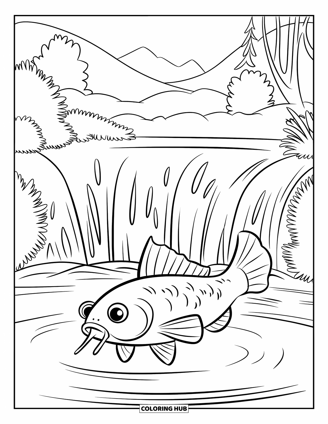 Catfish Coloring Page for Kids: A catfish glides by a waterfall nestled among tall trees and plants