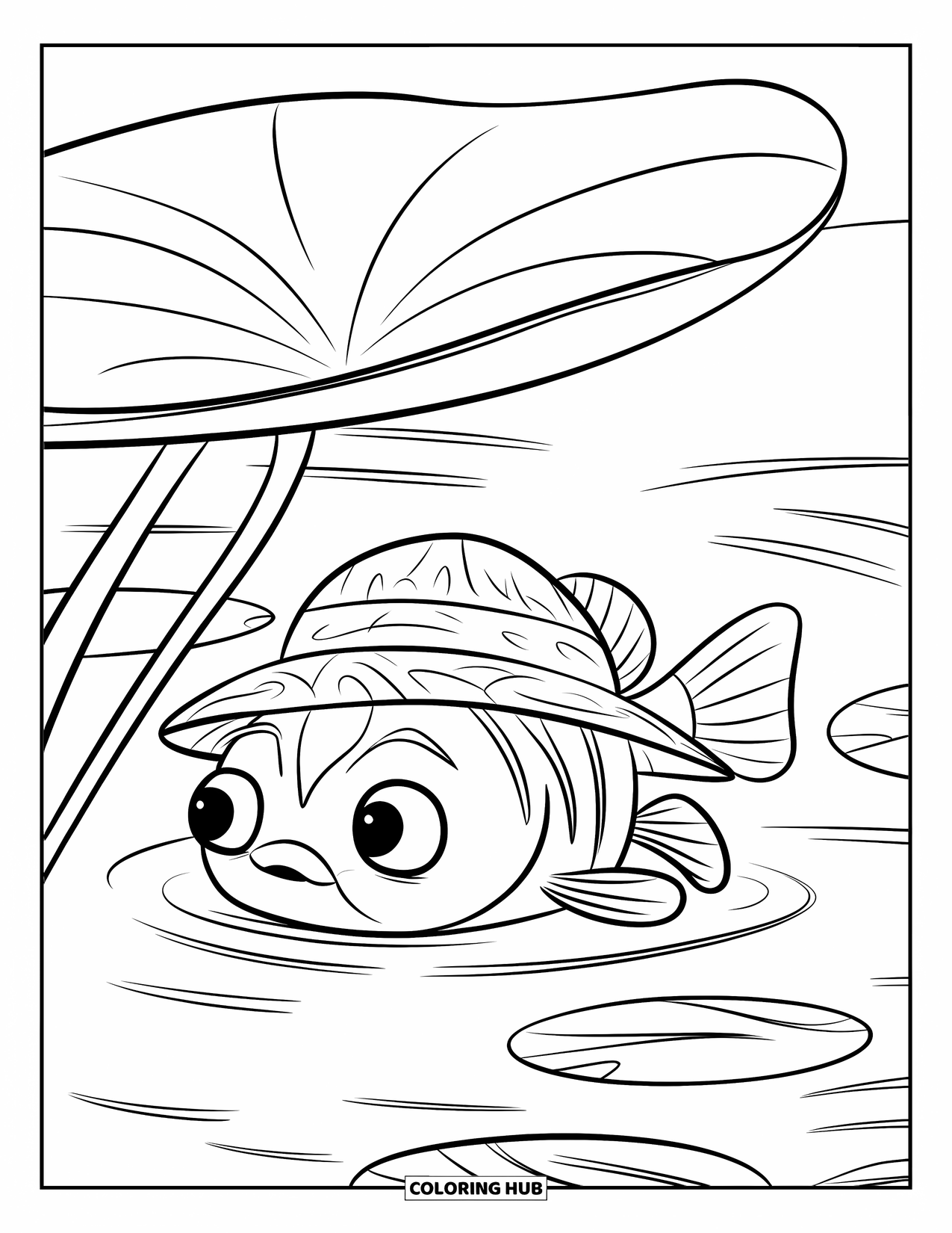 Catfish Coloring Page for Kids: A catfish wearing a straw hat rests under a round lily pad