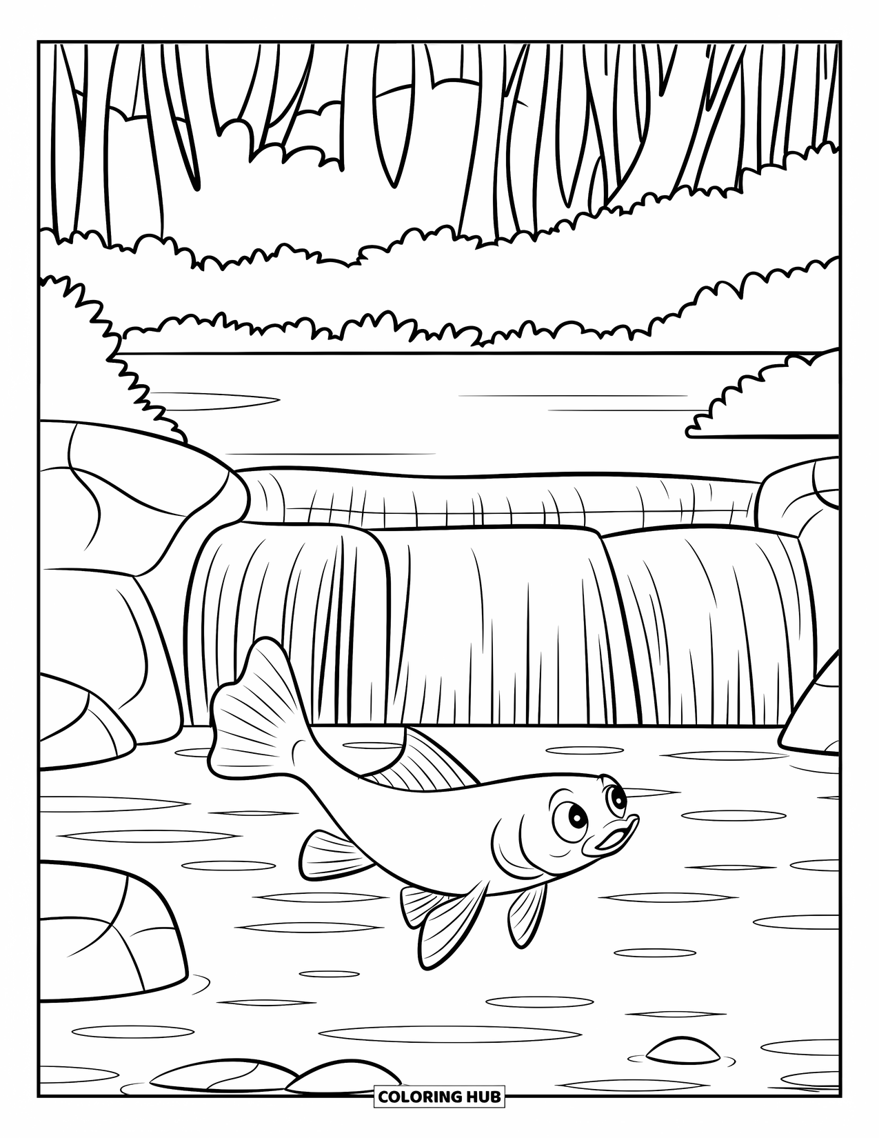 Catfish Coloring Page for Kids: A happy catfish explores rocks by a tiered waterfall and tall trees