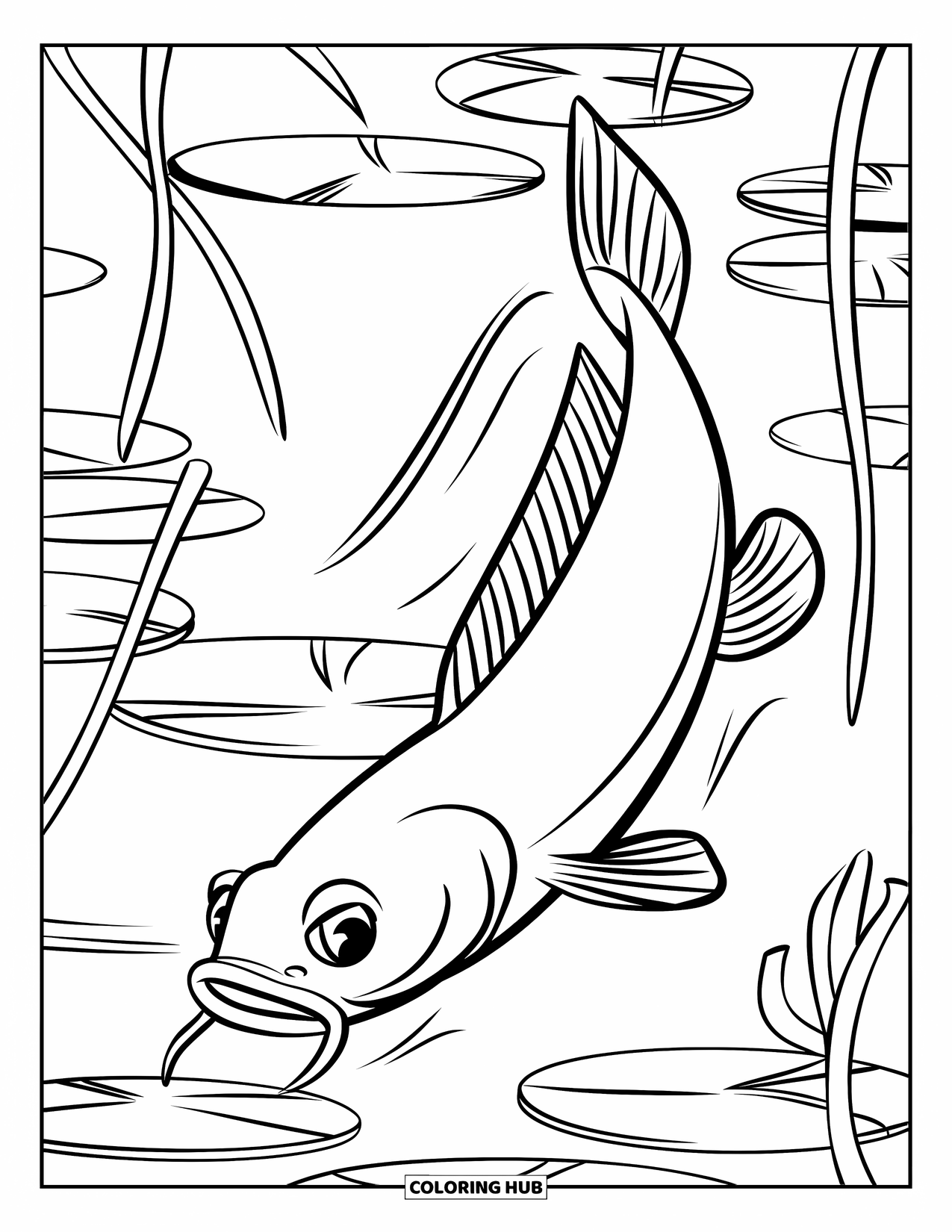 Catfish Coloring Page for Kids: A hooked catfish glides through lily stems and floating plants