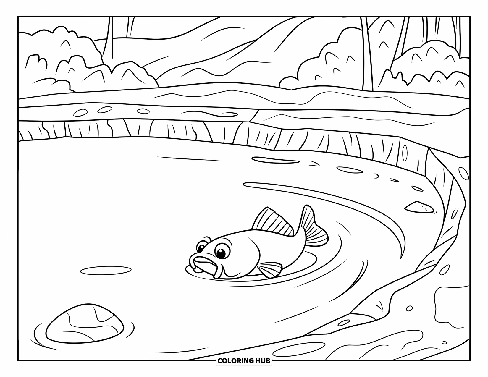 Catfish Coloring Page for Kids: A rippling catfish swims over pond rocks near a few trees and hills