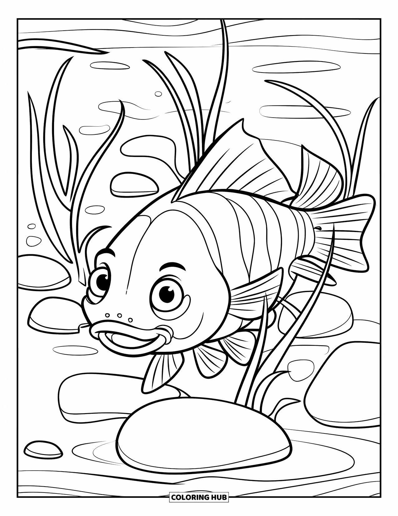 Catfish Coloring Page for Kids: A smiling catfish swims through plants and smooth pebbles in calm water
