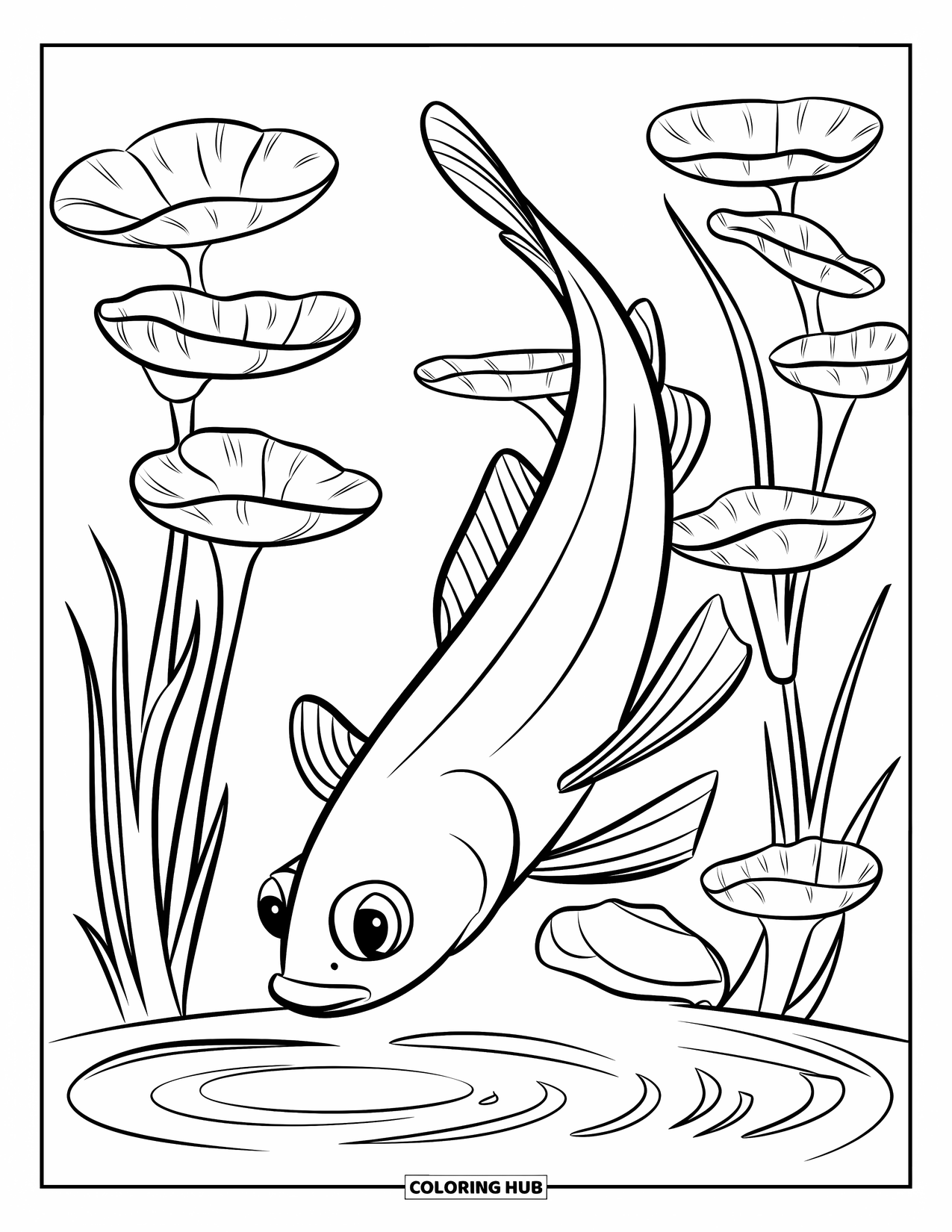 Catfish Coloring Page for Kids: A smooth catfish dives under rippling lily stems and leafy pondweed
