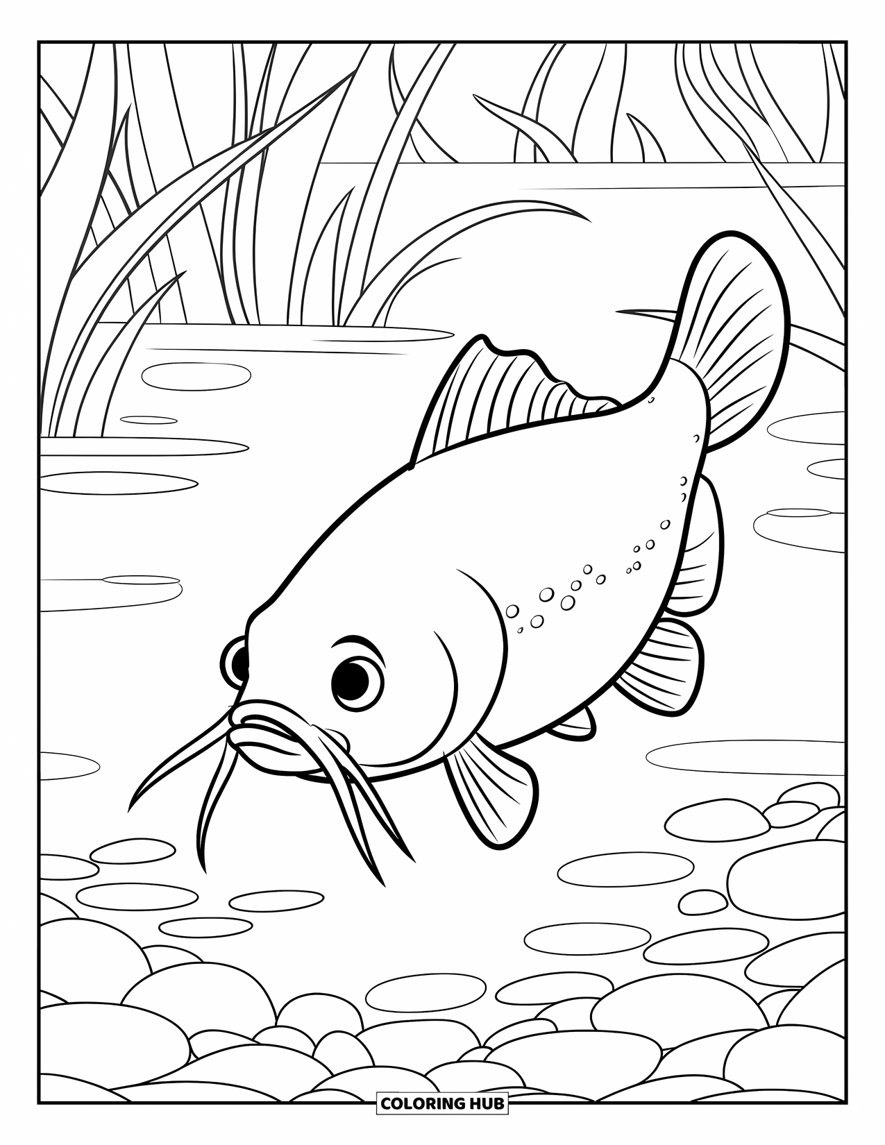 Catfish Coloring Page for Kids: A whiskered catfish glides peacefully among pebbles and leafy water plants