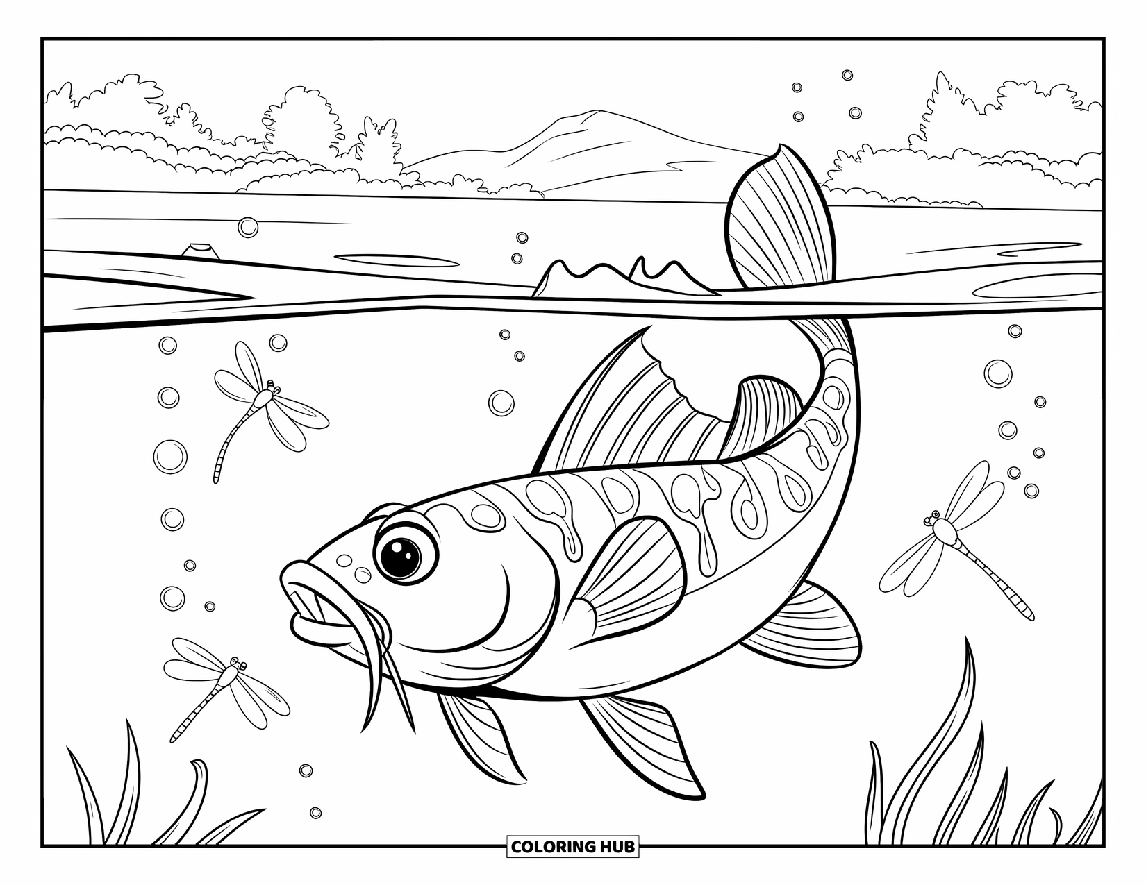 Catfish Coloring Page for Kids: Dragonflies dance around a catfish swimming in a peaceful lake