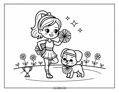 Coloriage de pom-pom girl pour adultes : Une pom-pom girl et son chiot encouragent ensemble dans un champ de fleurs avec un trophée à proximité
