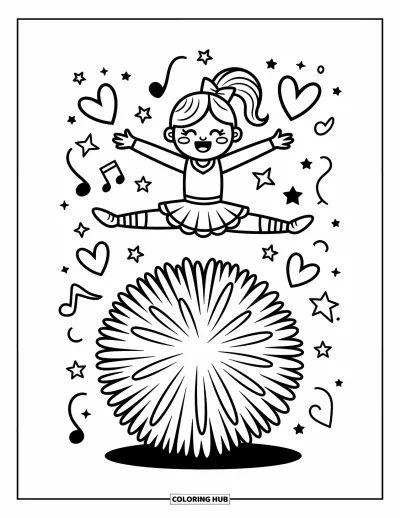 Coloriage de pom-pom girl pour adultes : Une pom-pom girl s'équilibre gaiement sur un gros pompon moelleux avec des gribouillis flottant autour